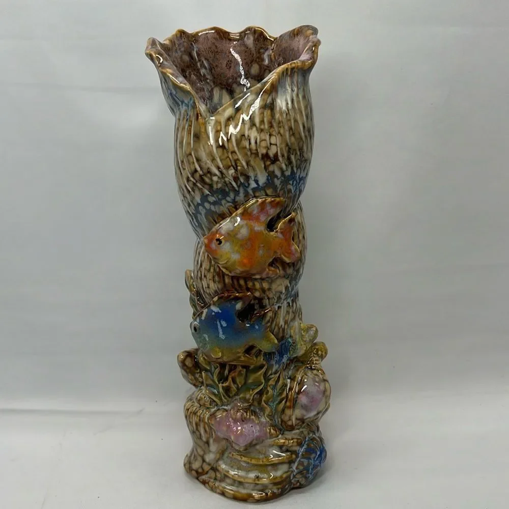 Beautiful Rainbow Seashell and Fish Signed Vase